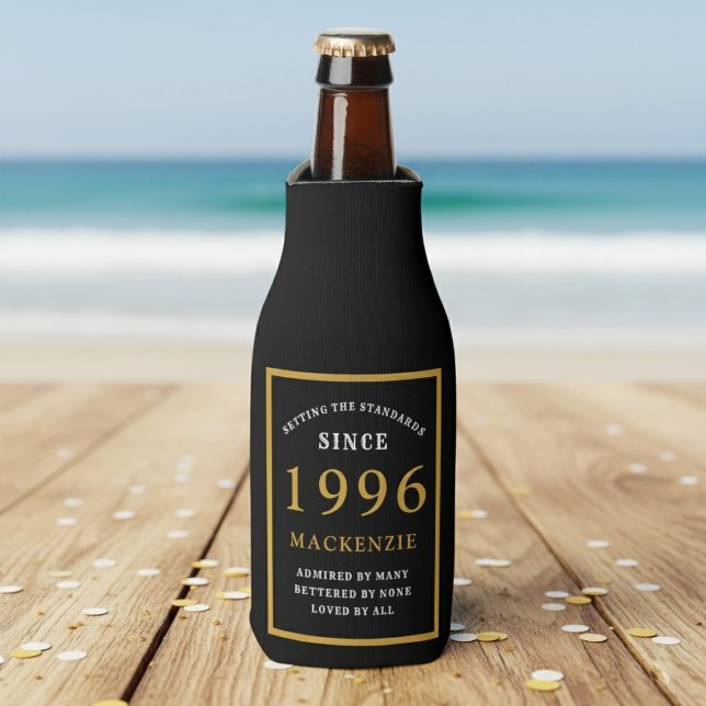 30th Birthday 1996 Name Elegant Chic Black Gold Bottle Cooler (Born 1996 bottle cooler. Beach background.)