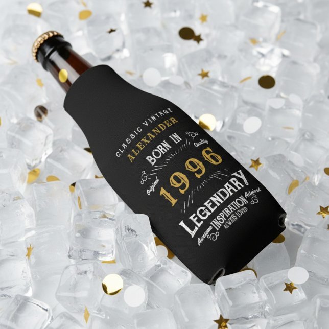 30th Birthday 1996 Name Legend Chic Black Gold Bottle Cooler (Born 1996 Legend Bottle cooler with ice background.)
