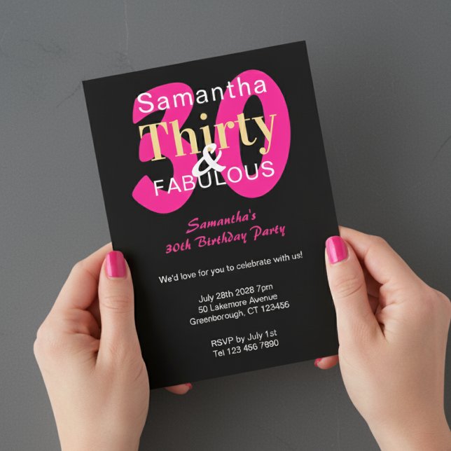 30th Birthday 30 and Fabulous Hot Pink Black Party Invitation (Creator Uploaded)