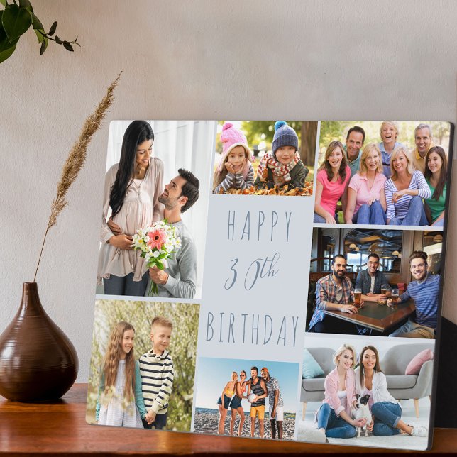 30th Birthday 7 Photo Collage Two Tone Dusty Blue Plaque (Creator Uploaded)