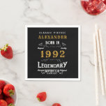 30th Birthday Add Name 1992 Vintage Black Gold Napkin<br><div class="desc">A personalised classic paper napkin design for that birthday celebration. Add the name to this vintage retro style black, white and gold design for a custom birthday gift. Easily edit the name and year with the template provided. A wonderful custom blue birthday gift. More gifts and party supplies for that...</div>