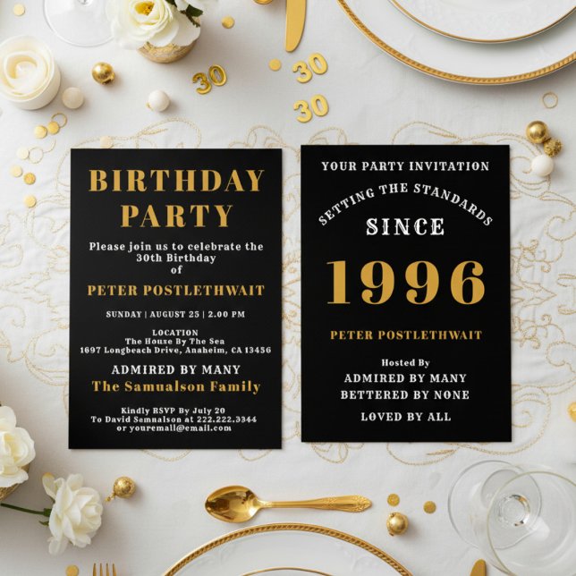 30th Birthday Add Name 1996 Black Gold For Him Invitation (1996 birthday invitation. White background.)
