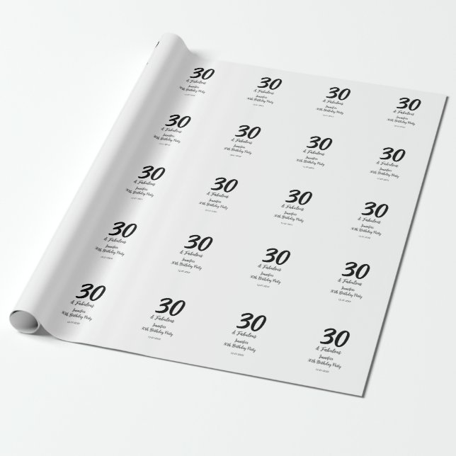 30th birthday add name date year black  wrapping paper (Unrolled)