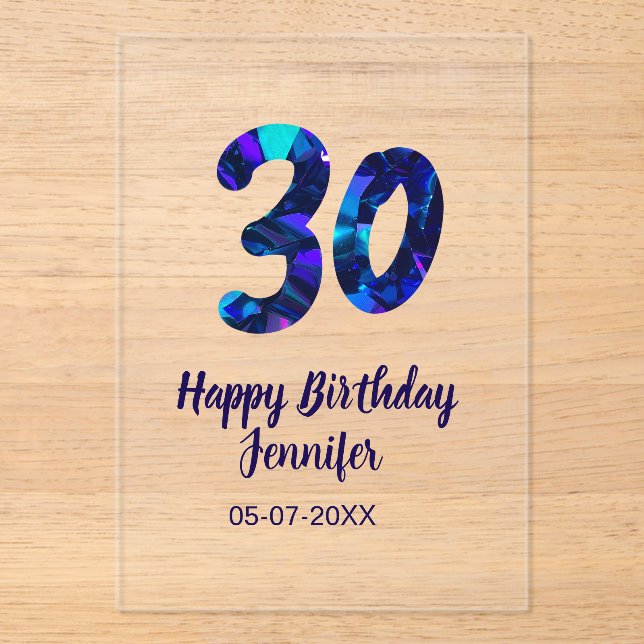 30th birthday add name date year blue sparkle  acrylic invitations (Front)