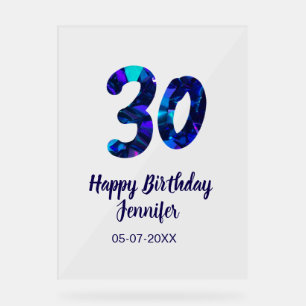 30th birthday add name date year blue sparkle acrylic sign