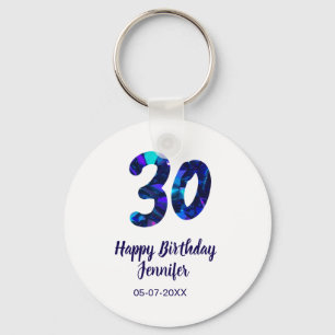 30th birthday add name date year blue sparkle  key ring