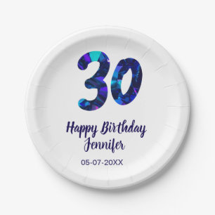30th birthday add name date year blue sparkle paper plate