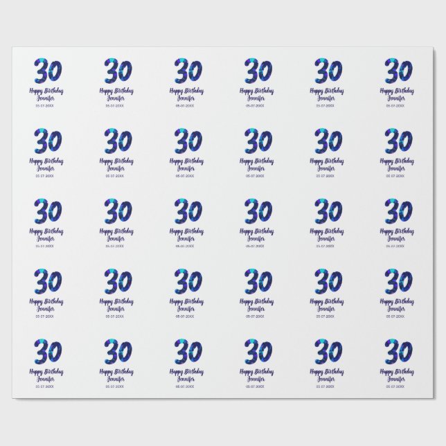 30th birthday add name date year blue sparkle  wrapping paper (Flat)
