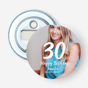 30th birthday add name date year white photo bottle opener