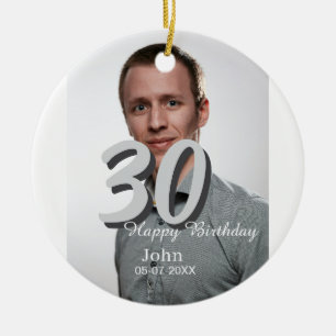 30th birthday add name date year white photo ceramic tree decoration