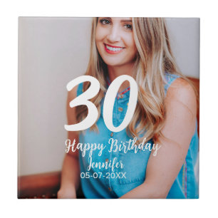 30th birthday add name date year white photo tile