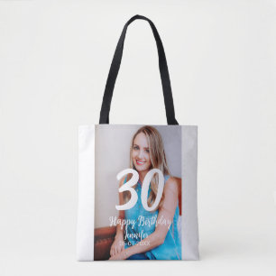 30th birthday add name date year white photo tote bag