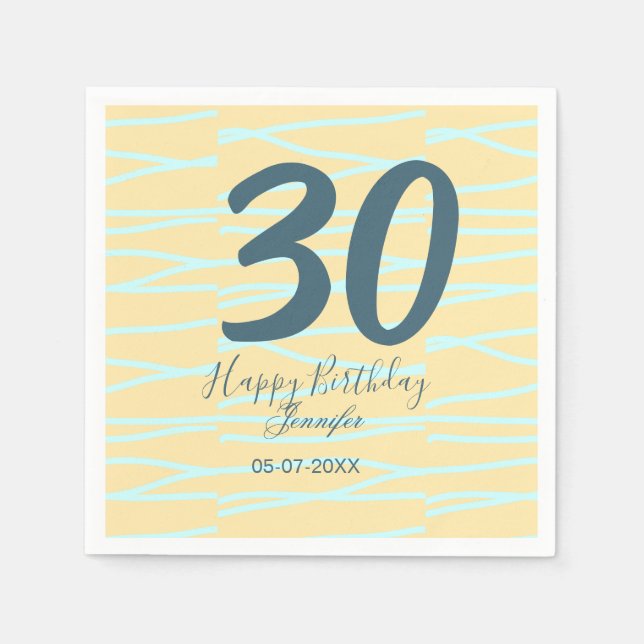 30th birthday add name date year yellow blue paste napkin (Front)