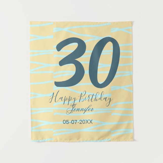 30th birthday add name date year yellow blue paste tapestry (Front)
