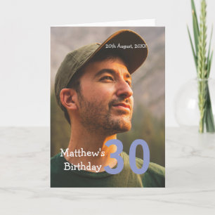 30th birthday add name photo date man blue white card