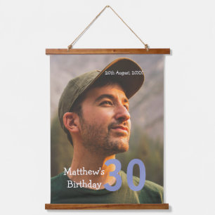 30th birthday add name photo date man blue white  hanging tapestry