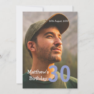 30th birthday add name photo date man blue white invitation