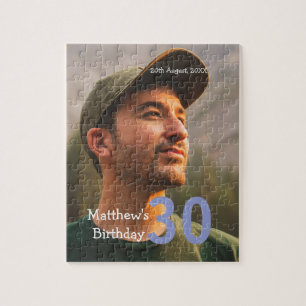 30th birthday add name photo date man blue white  jigsaw puzzle