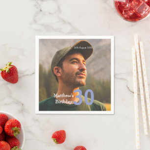 30th birthday add name photo date man blue white  napkin