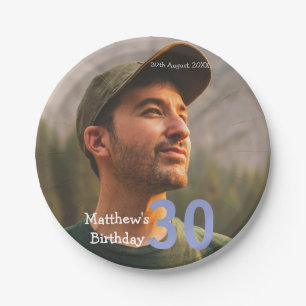 30th birthday add name photo date man blue white paper plate