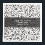 30th Birthday Age Number Pattern Black/White Napkin<br><div class="desc">Milestone number 30. This modern design for milestone number 30 features a striking black and white random number pattern with the black milestone number 30 displayed in various sizes and angles, adding a playful touch. At the centre, a black banner provides space for important event details, allowing customisation of your...</div>