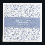 30th Birthday Age Number Pattern Blue/White Napkin<br><div class="desc">Milestone number 30. This modern design for milestone number 30 features a striking blue and white random number pattern with the blue milestone number 30 displayed in various sizes and angles, adding a playful touch. At the centre, a blue banner provides space for important event details, allowing customisation of your...</div>