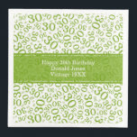 30th Birthday Age Number Pattern Green/White Napkin<br><div class="desc">Milestone number 30. This modern design for milestone number 30 features a striking green and white random number pattern with the green milestone number 30 displayed in various sizes and angles, adding a playful touch. At the centre, a green banner provides space for important event details, allowing customisation of your...</div>