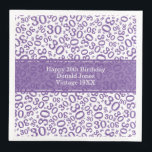 30th Birthday Age Number Pattern Purple/White Napkin<br><div class="desc">Milestone number 30. This modern design for milestone number 30 features a striking purple and white random number pattern with the coral milestone . number 30 displayed in various sizes and angles, adding a playful touch. At the centre, a coral banner provides space for important event details, allowing customisation of...</div>