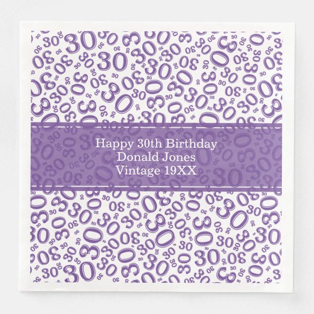30th Birthday Age Number Pattern Purple/White Napkin (Front)