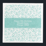 30th Birthday Age Number Pattern Teal/White Napkin<br><div class="desc">Milestone number 30. This modern design for milestone number 30 features a striking teal and white random number pattern with the teal milestone number 30 displayed in various sizes and angles, adding a playful touch. At the centre, a teal banner provides space for important event details, allowing customisation of your...</div>