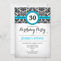 30th Birthday - Aqua Blue Black White Damask