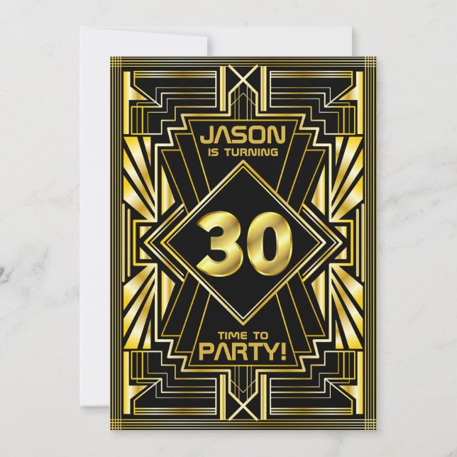 30th Birthday Art Deco Gold Black Great Gatsby Invitation (Front)