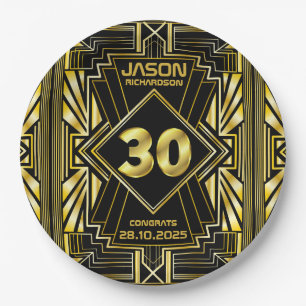 30th Birthday Art Deco Gold Black Great Gatsby Paper Plate