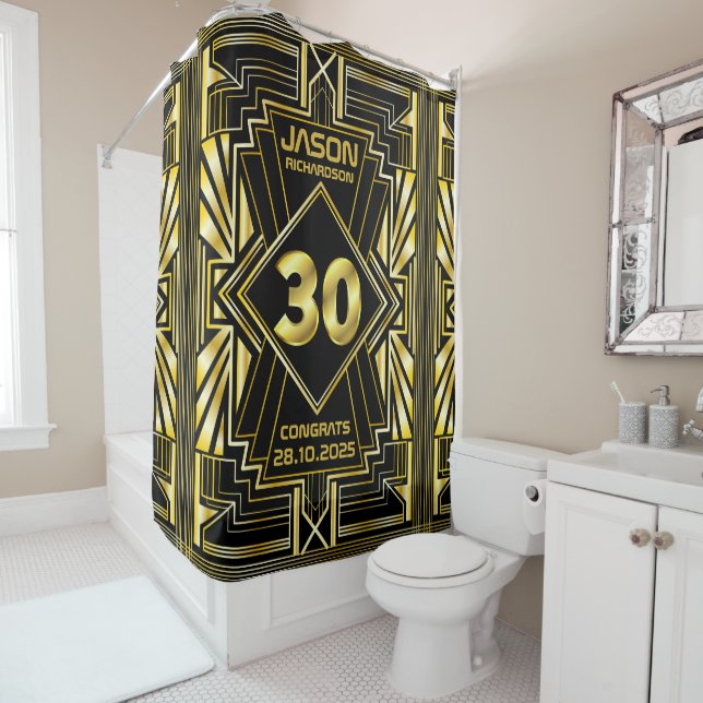 30th Birthday Art Deco Gold Black Great Gatsby Shower Curtain (In Situ)