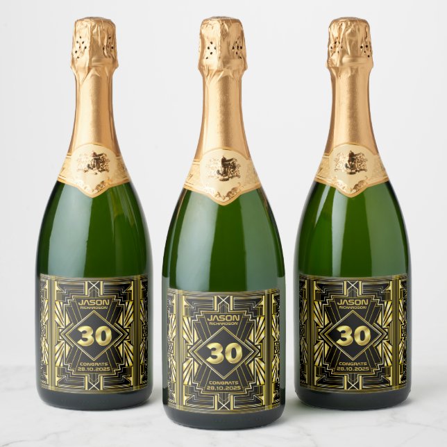 30th Birthday Art Deco Gold Black Great Gatsby Sparkling Wine Label (Bottles)