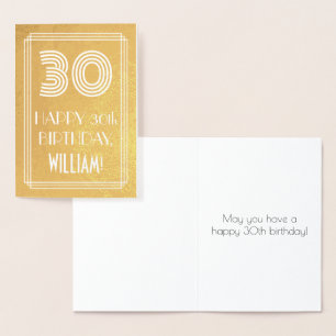30th Birthday – Art Deco Inspired Look "30" + Name Foil Card