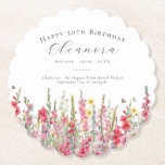 30th Birthday August Birth Flower Custom Paper Coaster<br><div class="desc">Perfect table decor for an August birthday party. Pink gladiolus is the birth flower for that month. It forms a pretty watercolor bottom border on this floral personalised coaster. The birthday guest of honour's name, age and birthdate are placed above it using elegant calligraphy and typography. All text is editable....</div>