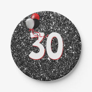 30th Birthday Balloons on Black Glitter Paper Plate