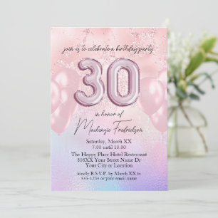 30th Birthday Balloons on Holographic and Pink Invitation