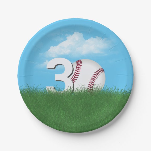 30th Birthday Baseball In Green Grass Paper Plate (Front)