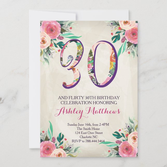 30th birthday Beautiful Floral Invitation, Invitation (Front)