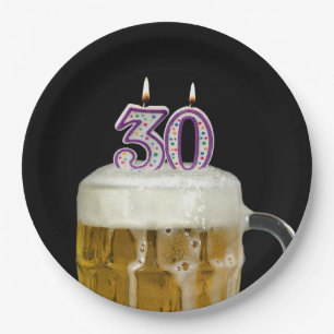 30th Birthday Beer on black Paper Plate
