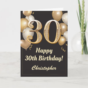 30th Birthday Black and Gold Balloons Confetti Card