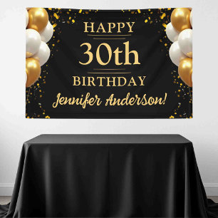 30th Birthday Black and Gold Celebration Banner