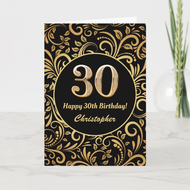 30th Birthday Black and Gold Floral Pattern Card (Front)