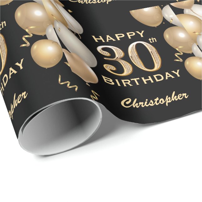 30th Birthday Black and Gold Glitter Balloons Wrapping Paper (Roll Corner)