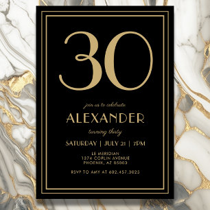 30th Birthday Black and Gold Modern Minimal Adult Invitation