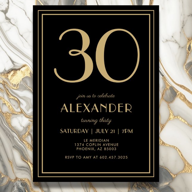 30th Birthday Black and Gold Modern Minimal Adult Invitation (Elegant black and gold 30th birthday invitation design.)