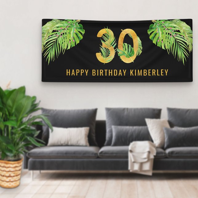 30th Birthday Black and Gold Tropical Leaves Party Banner (Creator Uploaded)