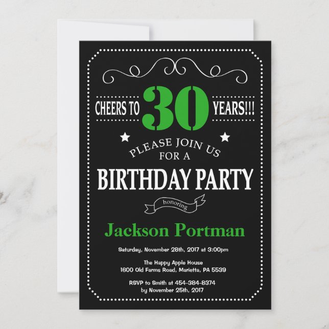 30th Birthday Black and Green Chalkboard Invitation (Front)